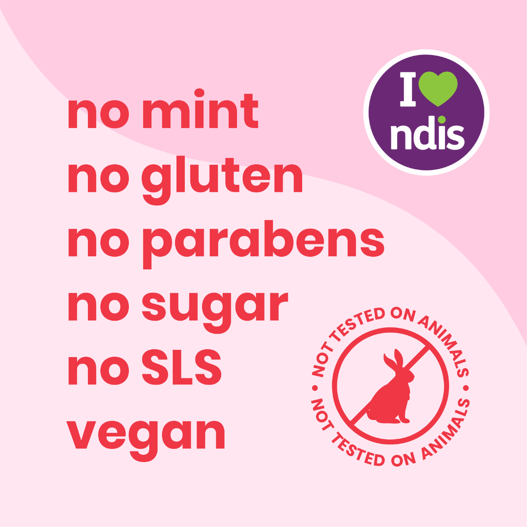picture showing all the benefits of the toothpaste no mint no gluten no parabens no sugar no SLS vegan friendly not tested on animals supports NDIS