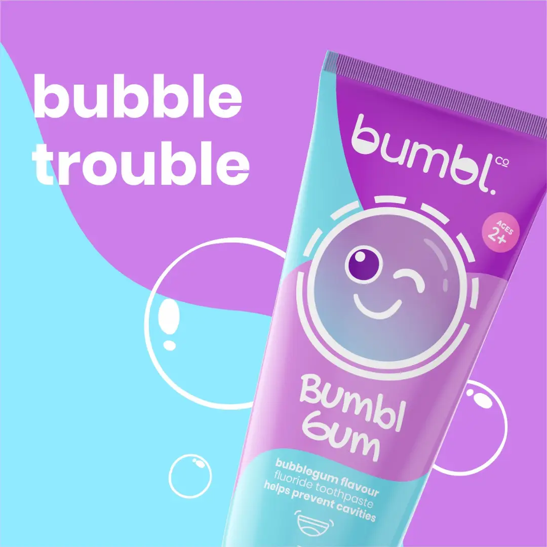 bumbl gum graphic with bubbles behind it bubble trouble