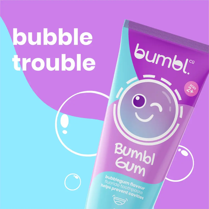 bumbl gum graphic with bubbles behind it bubble trouble